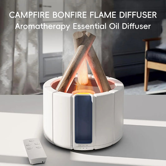 Campfire Flame Aromatherapy Diffuser – Wood Grain Cool Mist Humidifier with Remote Control & Auto Shut-Off